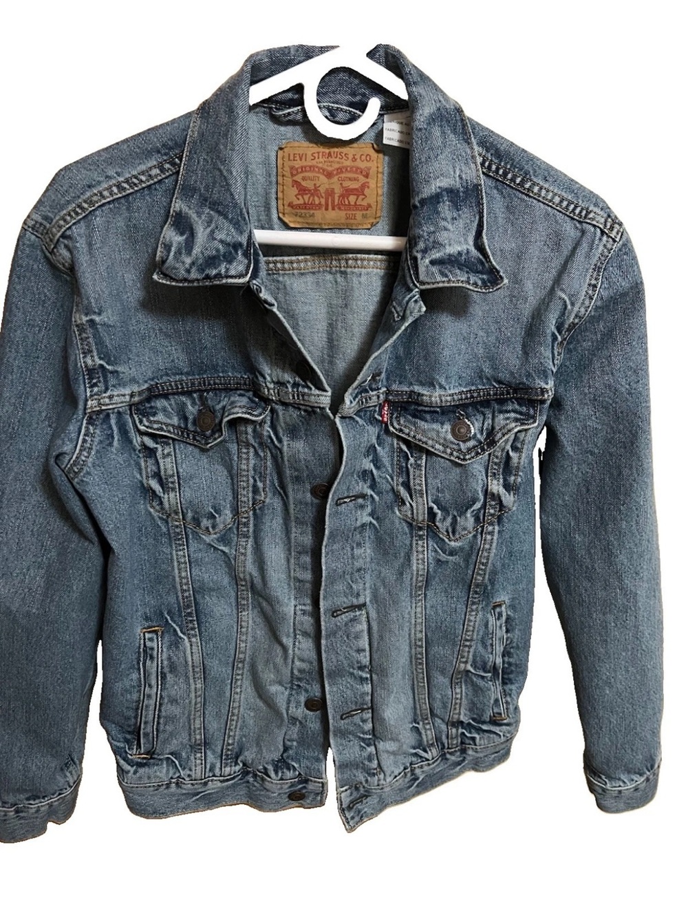 Levi's 72334-0139 Men's Medium Denim Trucker Jacket Faded Distressed Blue Jean M